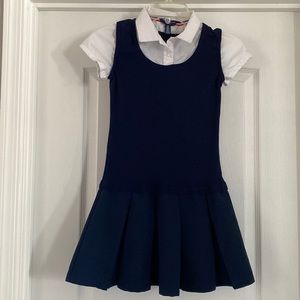 French Toast Pleated Two in One Dress in Navy and White